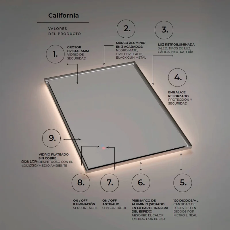 Espejo retroiluminado California black gun metal