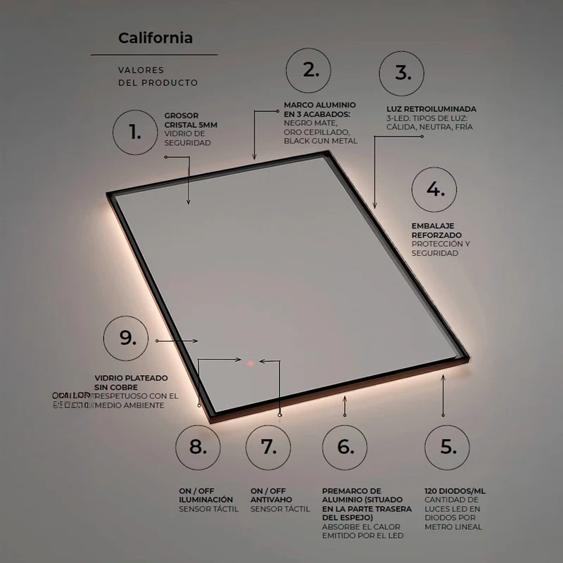 Espejo retroiluminado California negro