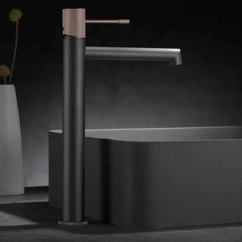 Mitigeur lavabo bec haut gris mat champagne LINE