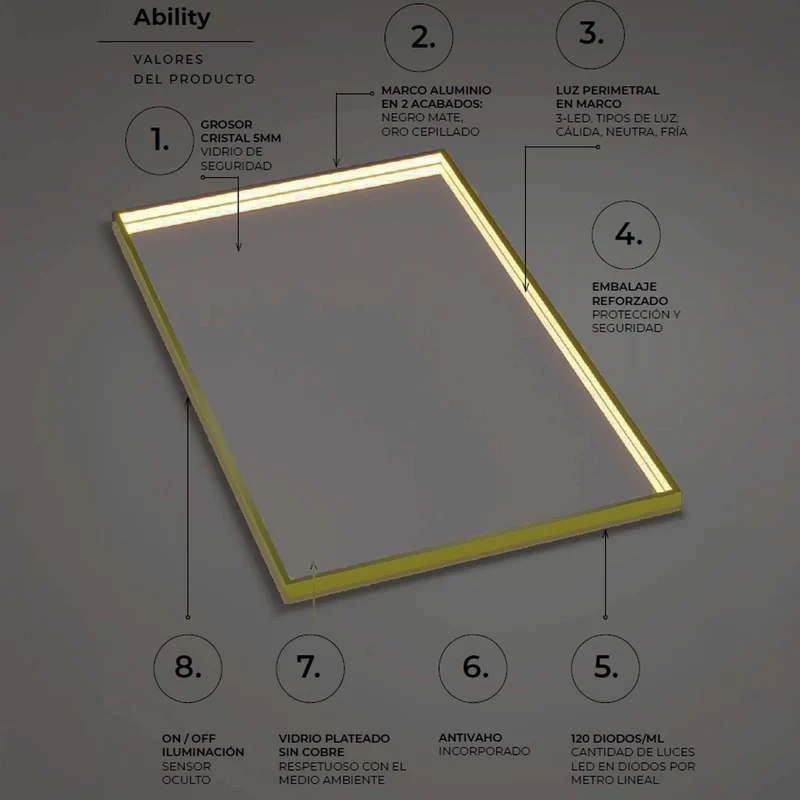 Espejo luz led integrada Ability oro cepillado