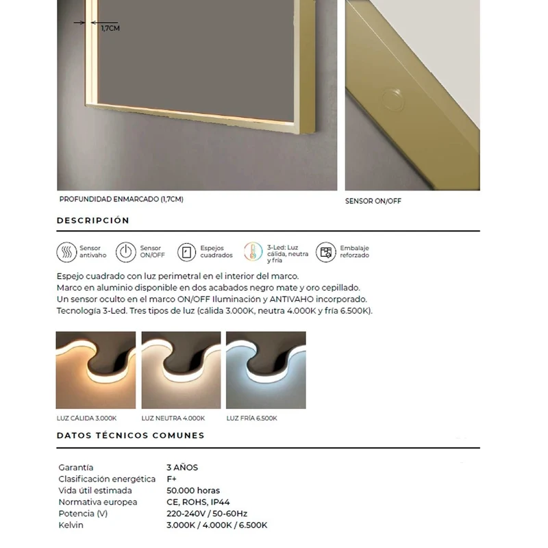 Espejo luz led integrada Ability oro cepillado