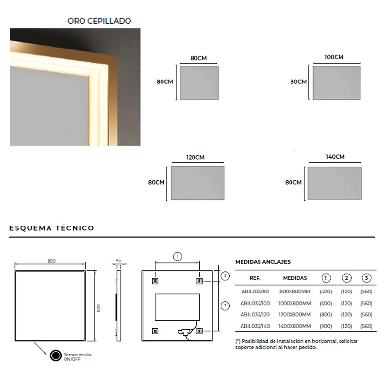 Espejo luz led integrada Ability oro cepillado