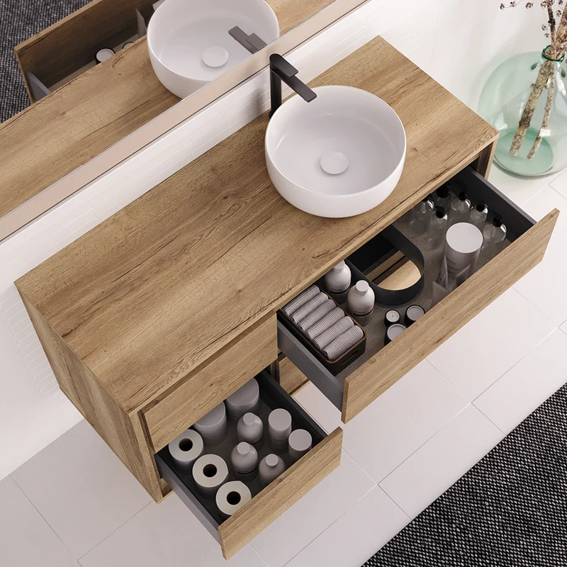 Meuble de salle de bain 120cm avec vasque à poser ronde - sans miroir - 4 tiroirs - ETIO