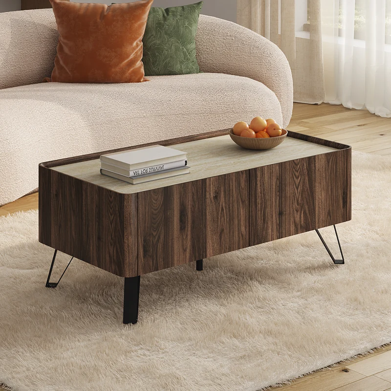 Mesa de centro Trorlon con 2 cajones 100x50x40 cm Nogal/Travertino [en.casa]