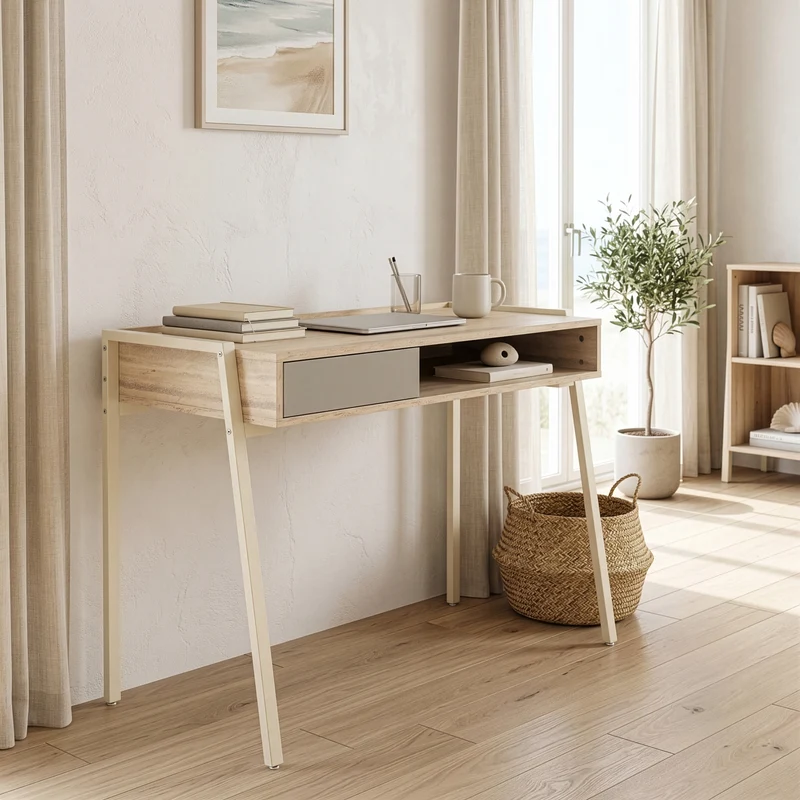 Escritorio Boderas con borde elevado y cajón 107x55x78 cm Beige/Travertino [en.casa]