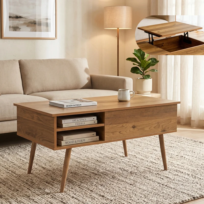 Mesa de centro Vasdabod con tablero elevable - 96x59x50cm Roble [en.casa]