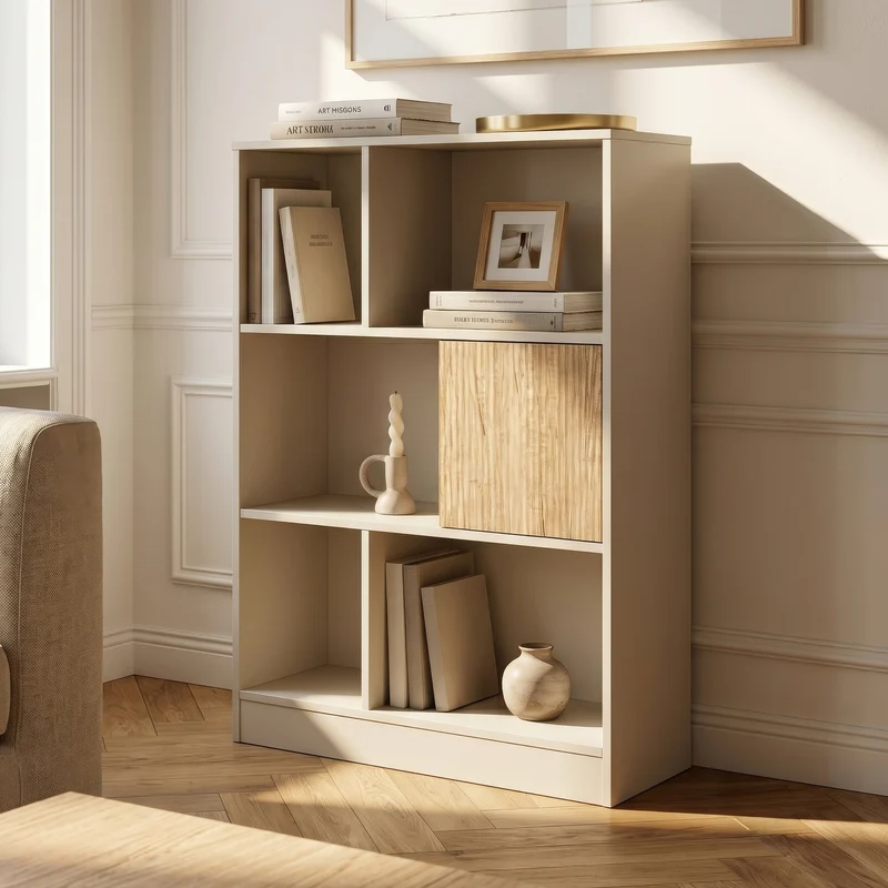 Estantería de pie Karena con 6 compartimentos puerta 112x70x30cm - Blanco crema/Efecto roble [en.casa]