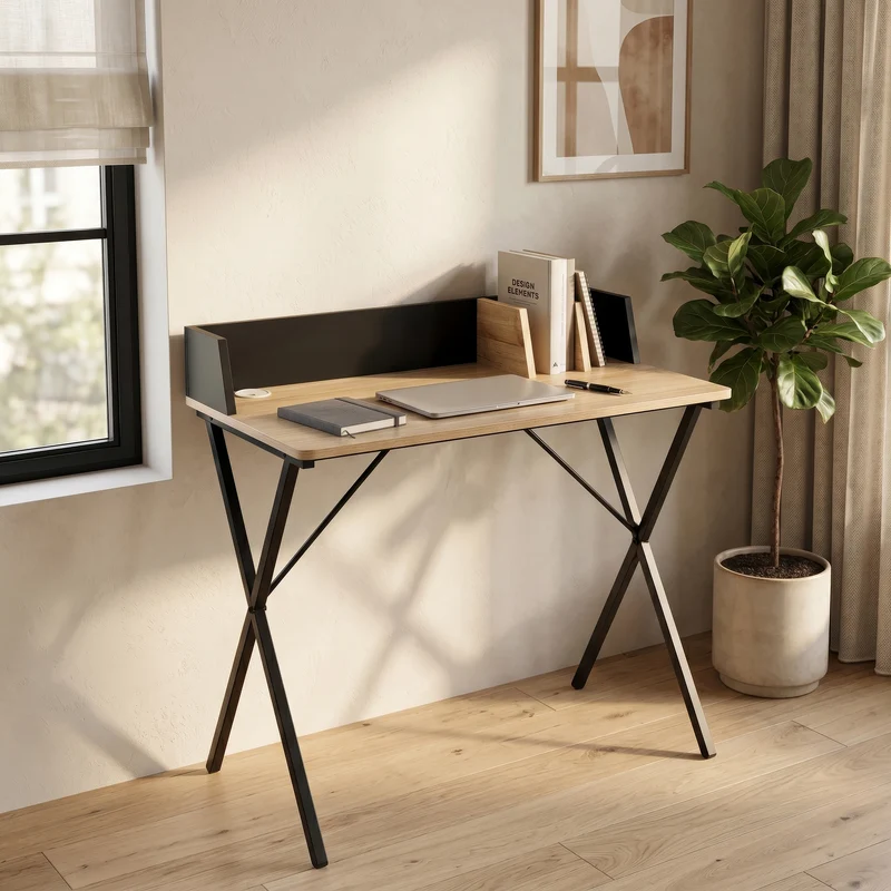 Escritorio Kappespoo con borde elevado 84x80x50cm Negro / Roble [en.casa]