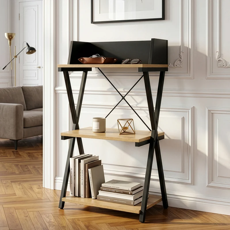 Estantería de pie Kappespoo con 3 estantes 84x50x30 cm Negro / Roble [en.casa]