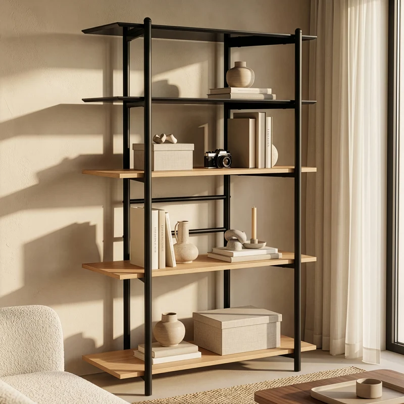 Estantería de pie Kappespoo con 5 estantes acero 124x80x35cm - Negro/Roble [en.casa]