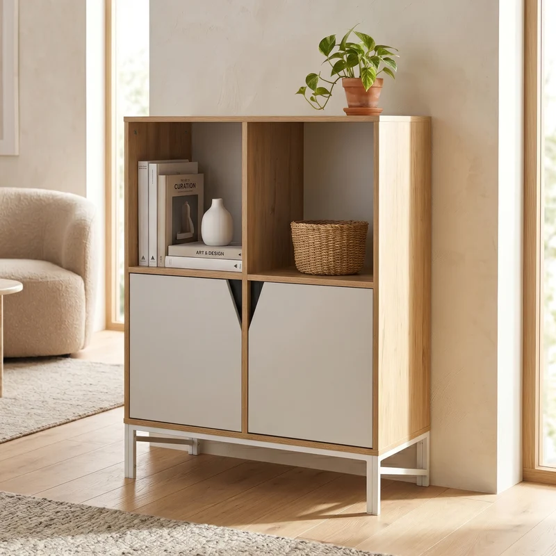 Aparador de salón Kerrköndam 94x76x40 cm 4 compartimentos - Efecto roble/Blanco [en.casa]
