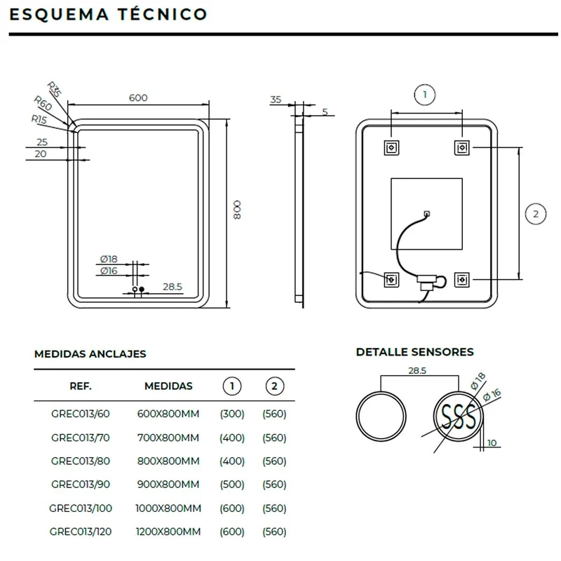 Espejo con sensor y luz led Grecia