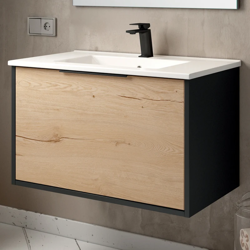 Meuble de salle de bain 80cm simple vasque - 1 façade et 2 tiroirs - ALBA