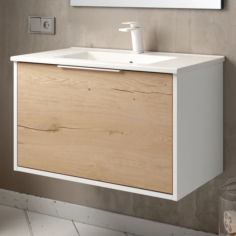 Meuble de salle de bain 80cm simple vasque - 1 façade et 2 tiroirs - ALBA