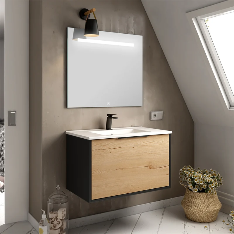 Meuble de salle de bain 80cm simple vasque - 1 façade et 2 tiroirs - ALBA et miroir STAM