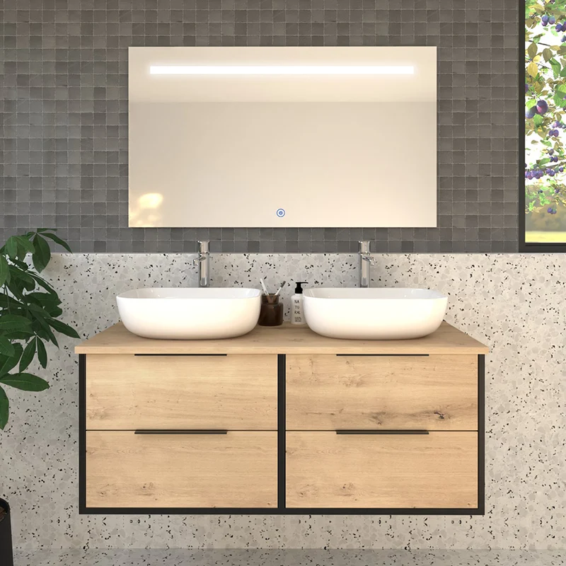 Meuble de salle de bain 120cm avec vasques à poser arrondies - 4 tiroirs - ALBA et miroir Led Stam