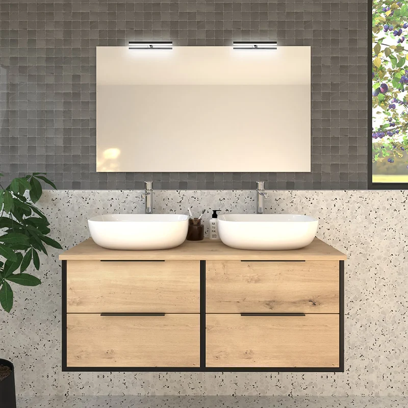 Meuble de salle de bain 120cm avec vasques à poser arrondies - 4 tiroirs et miroir avec appliques - ALBA