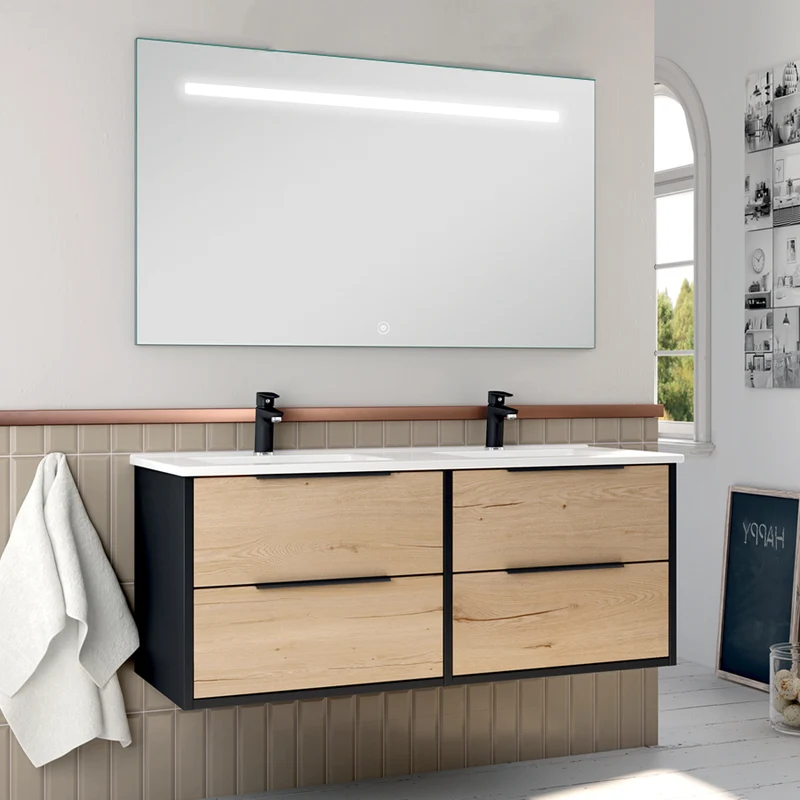Meuble de salle de bain 120cm double vasque - 4 tiroirs - ALBA et miroir Led STAM