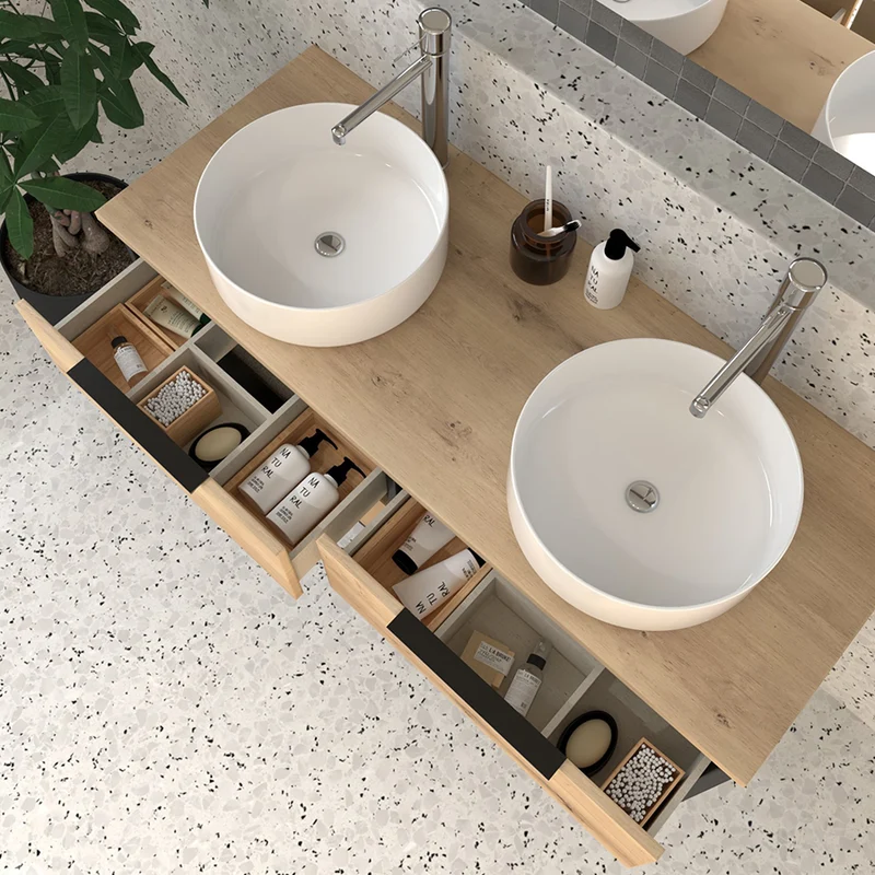 Meuble de salle de bain 120cm avec vasques à poser rondes - 4 tiroirs - sans miroir - ALBA