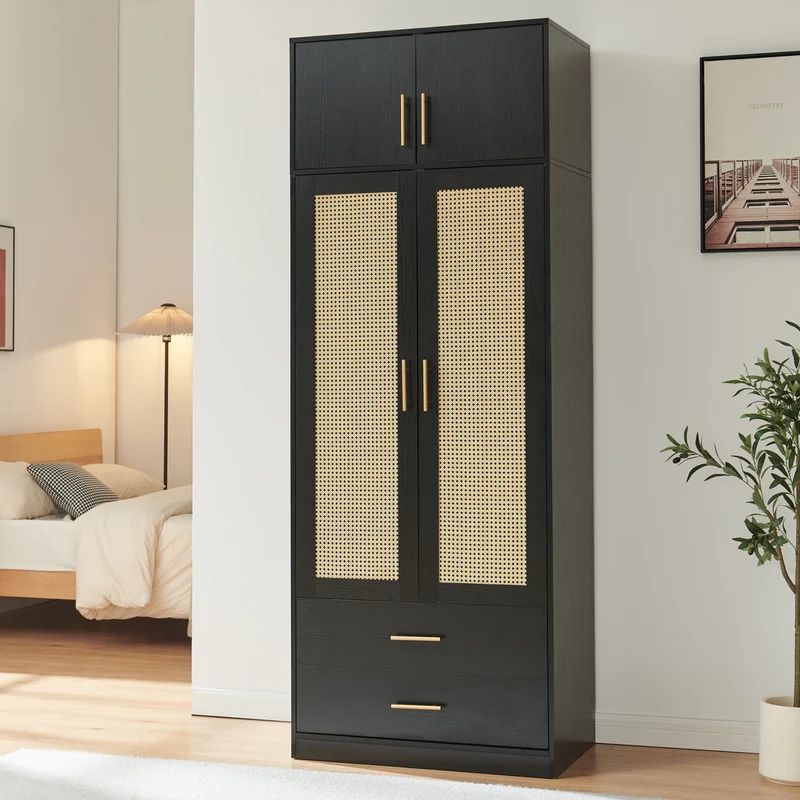 Armario Larundi 4 puertas 1 perchero 2 cajones 216x80x52cm Efecto ratán [en.casa]