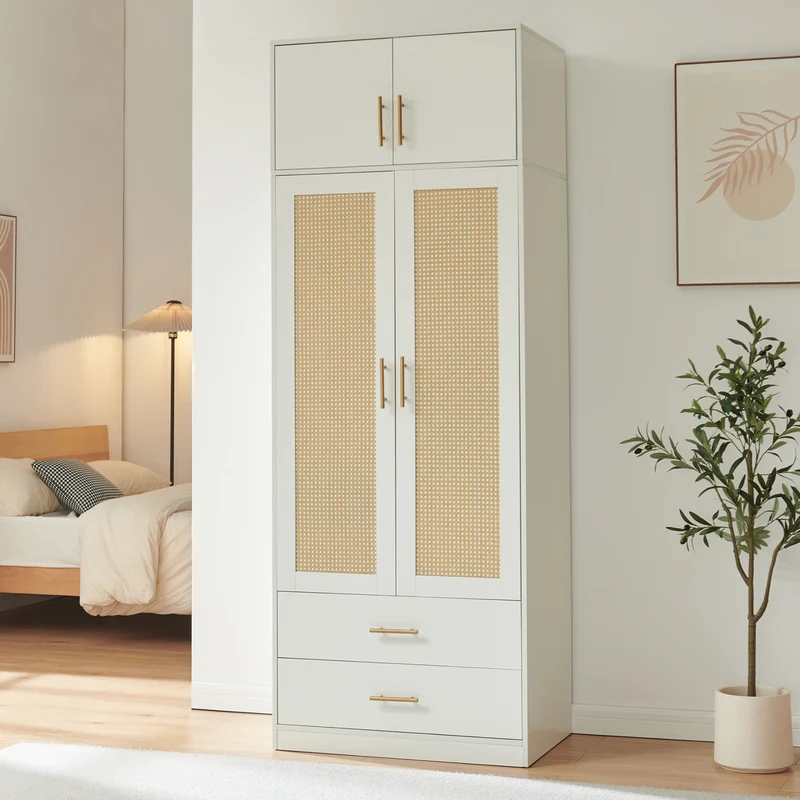 Armario Larundi 4 puertas 1 perchero 2 cajones 216x80x52cm Efecto ratán [en.casa]