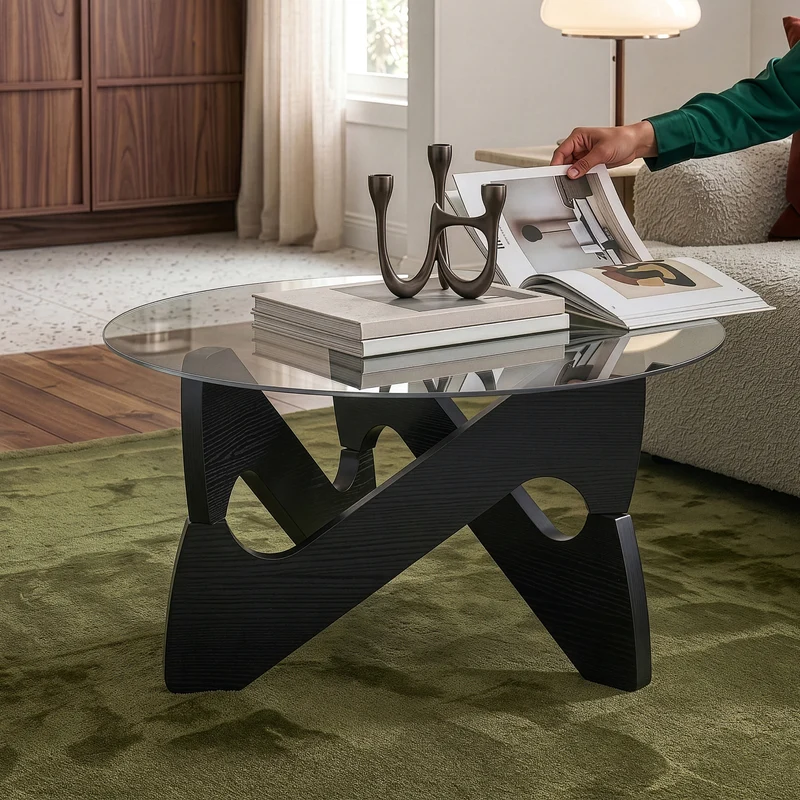 Mesa de Centro Reypio redonda cristal templado Ø70x35 cm - Negro/Gris [en.casa]