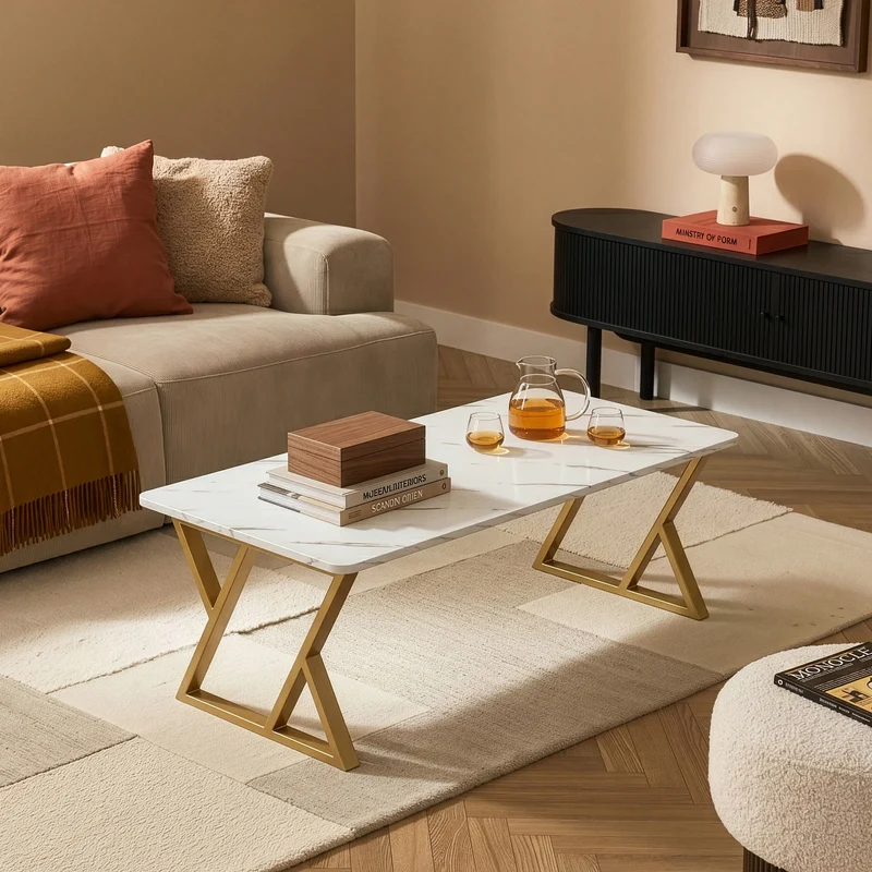 Mesa de Centro Nolu rectangular patas de acero 120x60x46 cm - Dorado/Mármol blanco [en.casa]