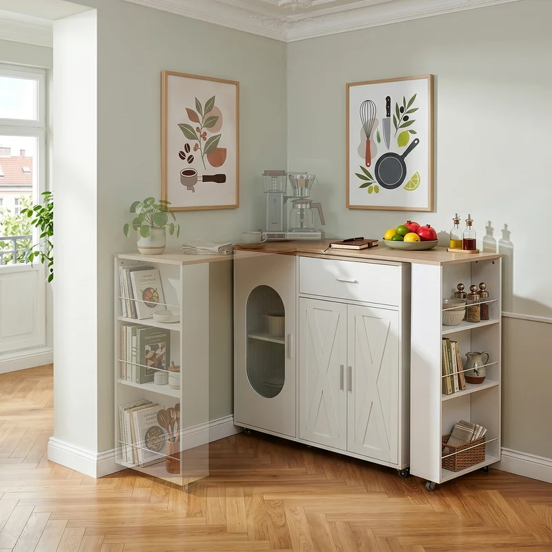 Mesa de bar extensible Kudebola con ruedas y encimera giratoria Roble / Blanco [en.casa]