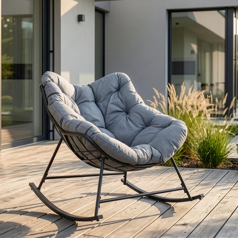 Silla mecedora de mimbre Villeneuve con cojín 85x90x91cm Negro/Gris [en.casa]
