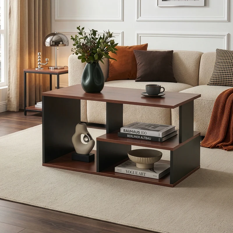 Mesa de centro Trond con 3 compartimentos 80x40x42cm - Negro/Nogal [en.casa]