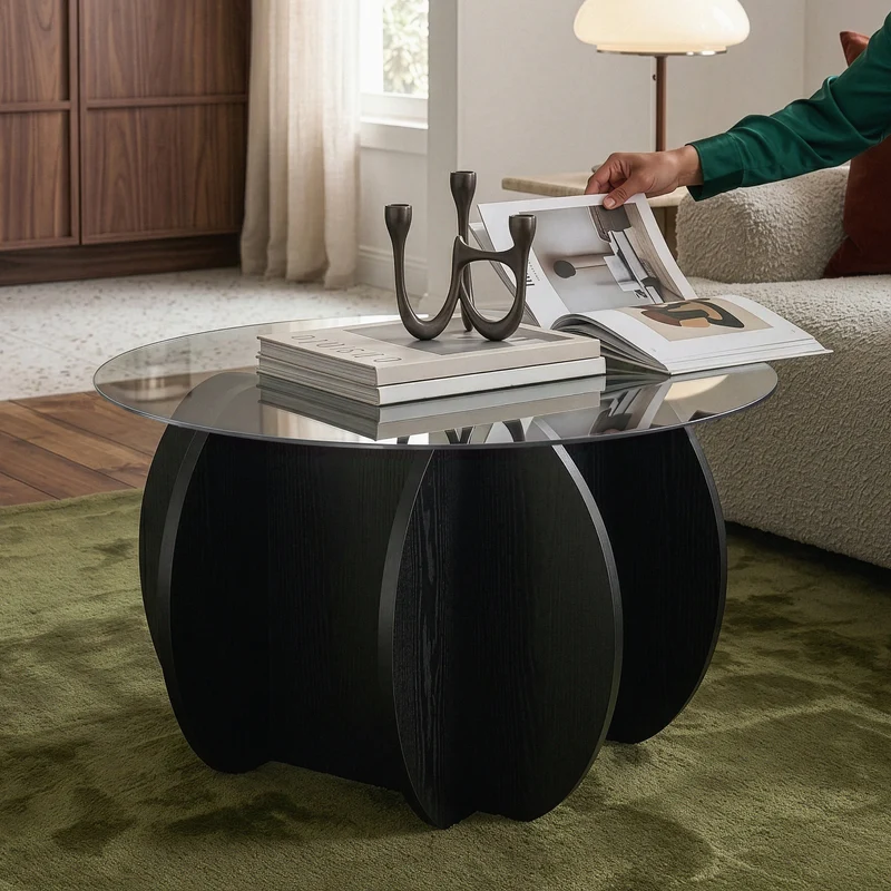 Mesa de Centro Karhuvandi redonda cristal templado Ø70x40 cm - Negro/Gris [en.casa]