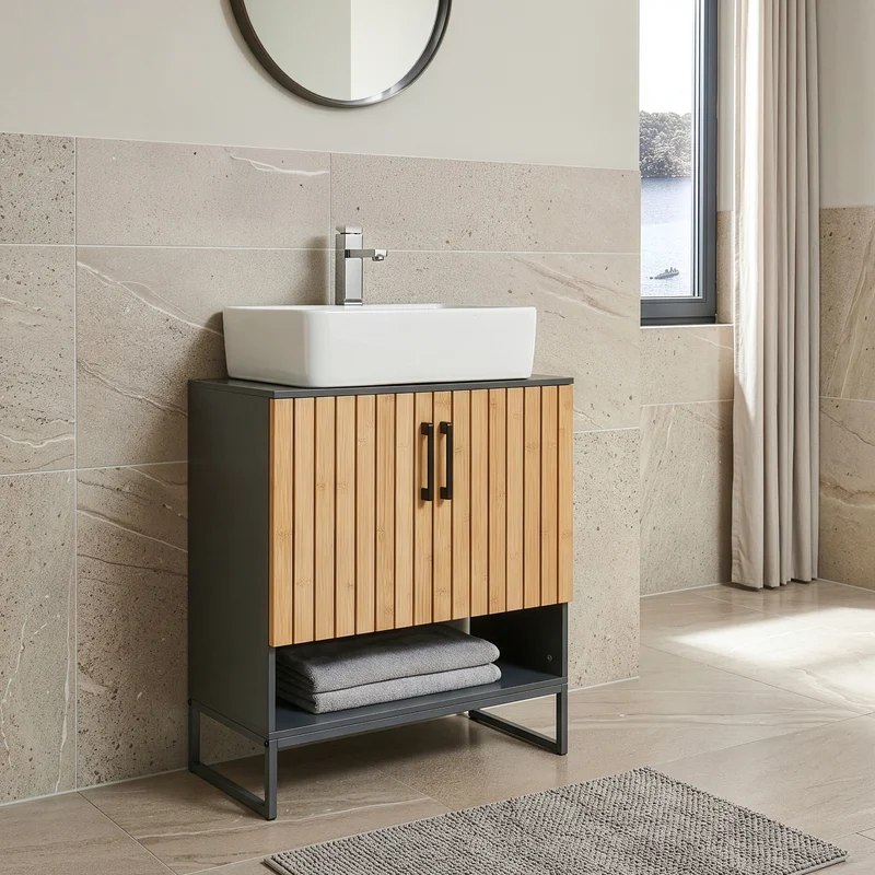 Mueble bajo lavabo Svanes con 2/3 compartimentos cerrados 70x60x30cm gris oscuro/natural [en.casa]