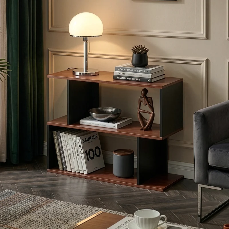 Mesa auxiliar Trond con 2 compartimentos 80x29x60cm - Negro/Nogal [en.casa]