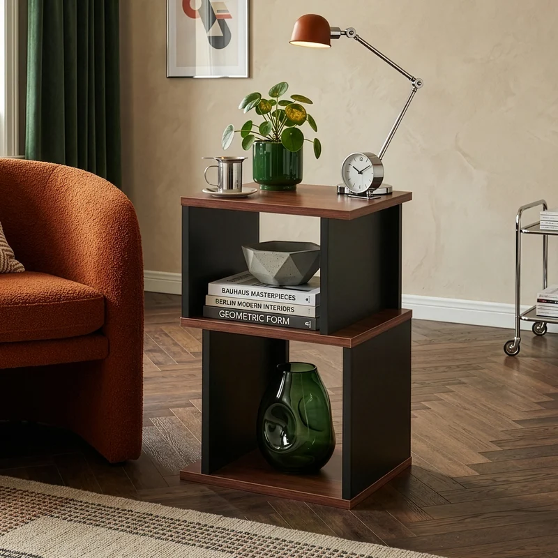Mesa auxiliar Trond con estante 50x33x29cm - Negro/Nogal [en.casa]