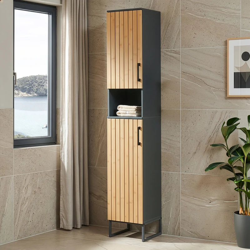 Mueble de baño alto Svanes 6 compartimentos 170x30x30cm - Gris oscuro/Bambú [en.casa]