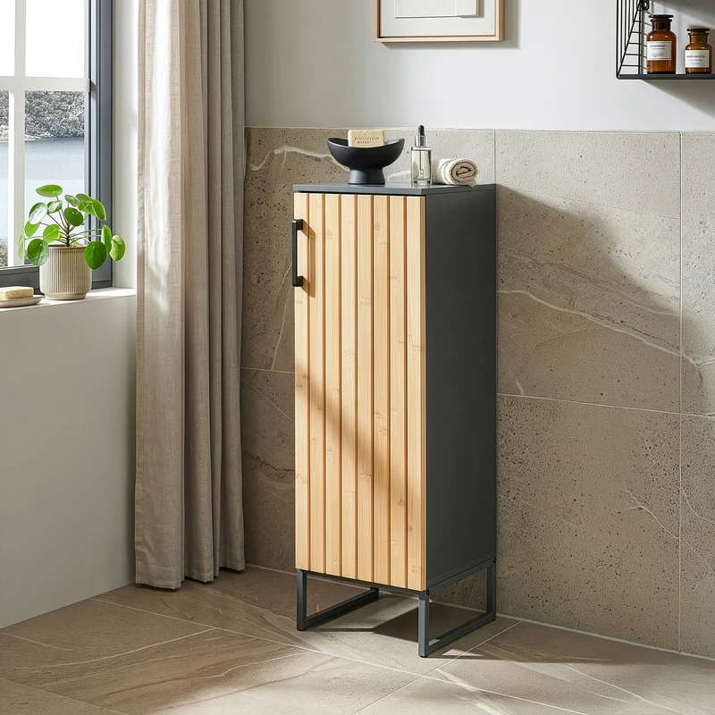 Mueble de baño auxiliar Svanes puerta 90x30x30cm - Gris oscuro/Bambú [en.casa]