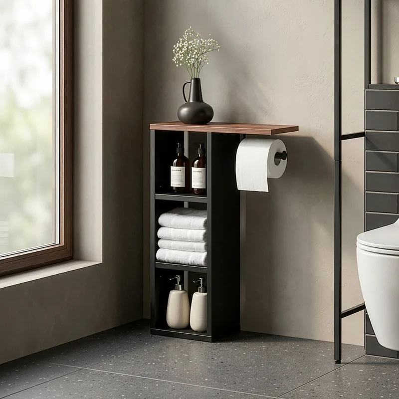 Portarrollos papel higiénico Trond 3 compartimentos 60x40x16cm - Negro/Nogal [en.casa]
