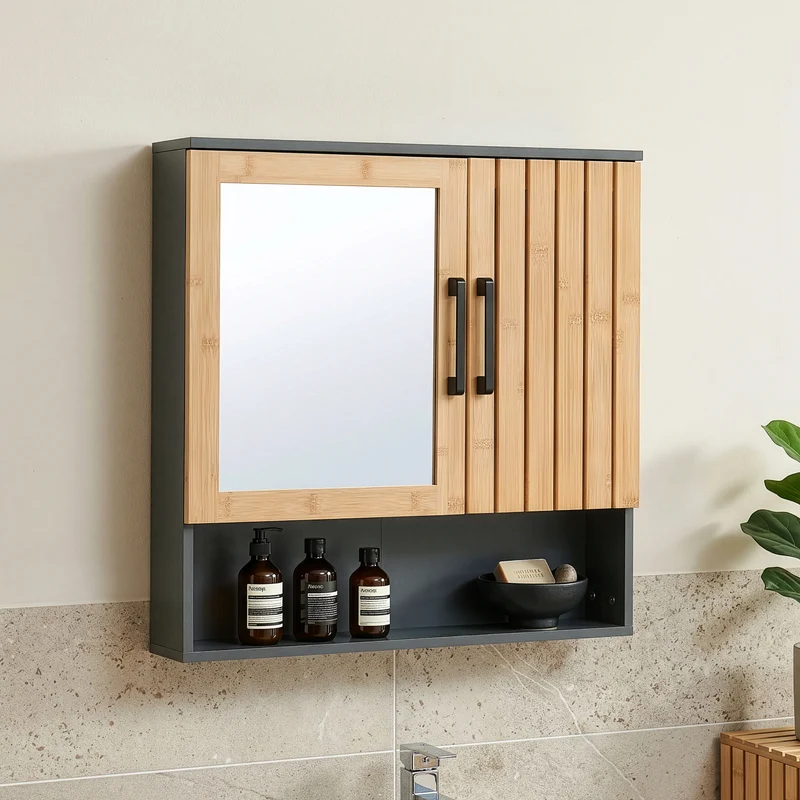 Armario Baño de Pared Svanes con espejo 58x56x13cm - Gris oscuro/Bambú [en.casa]