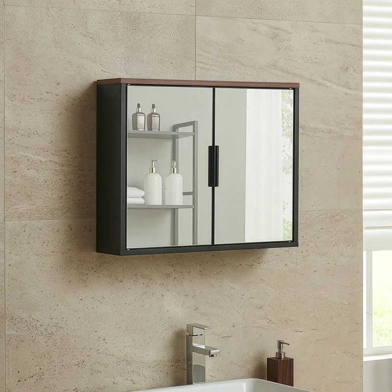 Armario Baño de Pared Svanes con espejo 50x60x15cm - Negro/Nogal [en.casa]