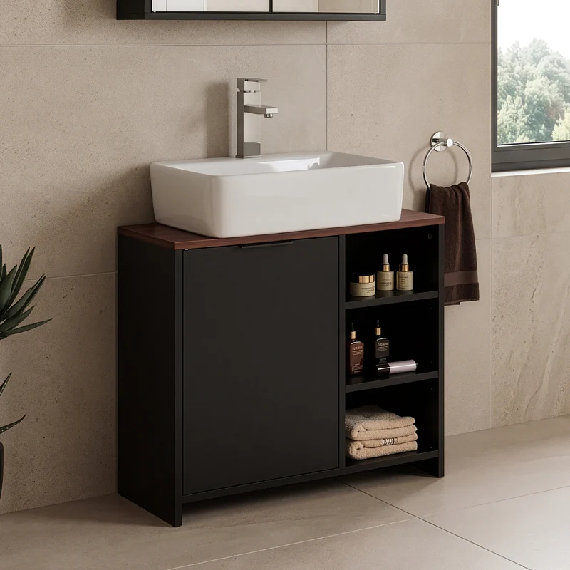 Mueble bajo lavabo Trond con puerta 60x66x30cm - Negro/Nogal [en.casa]