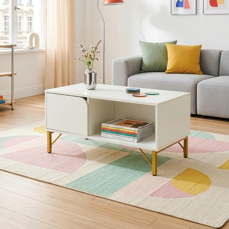 Mesa de centro Reyri con puerta 80x45x42cm - Blanco/Dorado [en.casa]