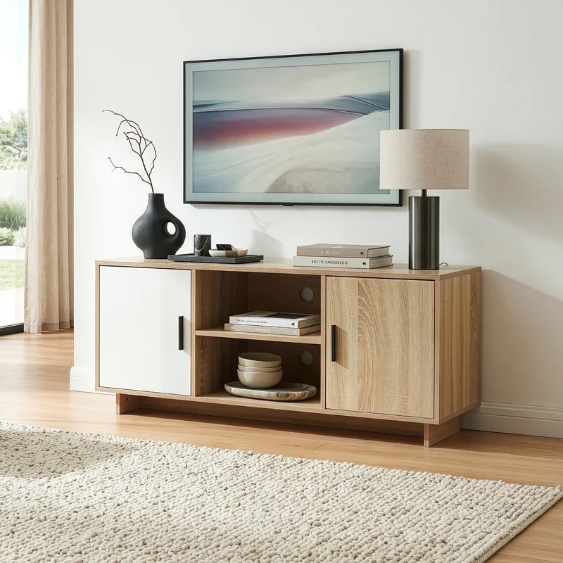 Mueble de TV Kenta con compartimentos 120x39x52 cm - Roble sonoma / Blanco [en.casa]