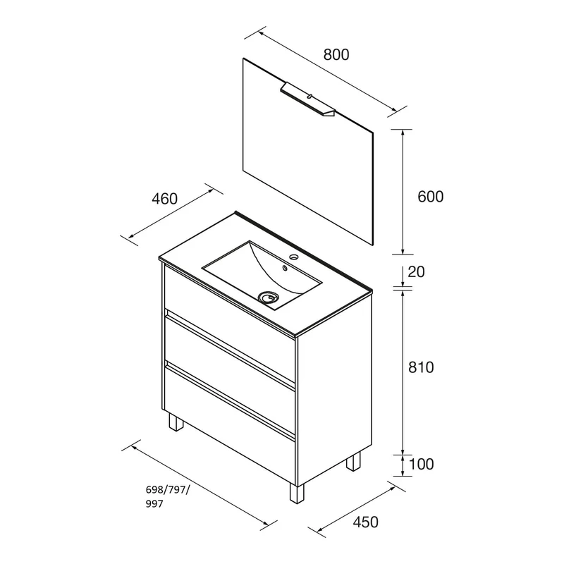 Noja 3C - Mueble de baño con patas y lavabo encastrado
