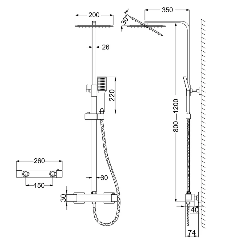 Columna de ducha termostática Cromo Válvula termostática Cabezal cuadrado de baño