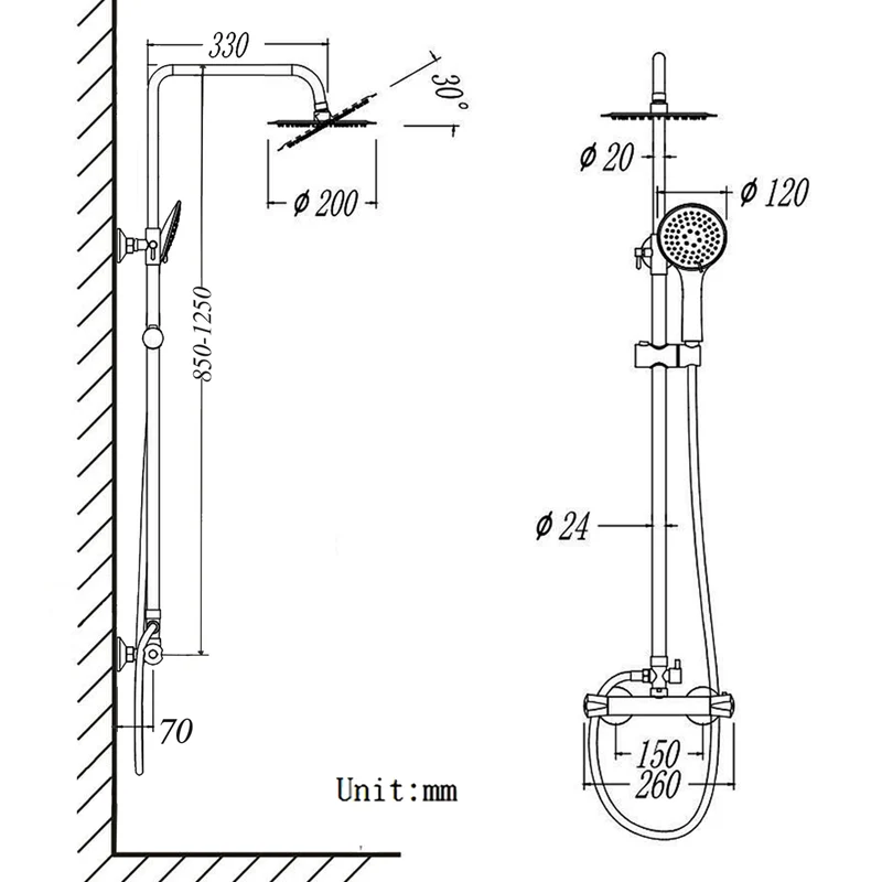 Aica Columna de ducha termostática, Barra en altura extendible de 85~125cm, Alcachofa Superior Redonda de acero inoxidable
