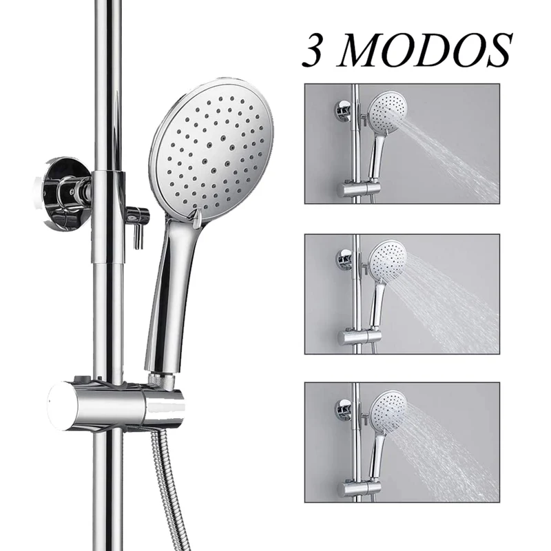 Aica Columna de ducha termostática, Barra en altura extendible de 85~125cm, Alcachofa Superior Redonda de acero inoxidable