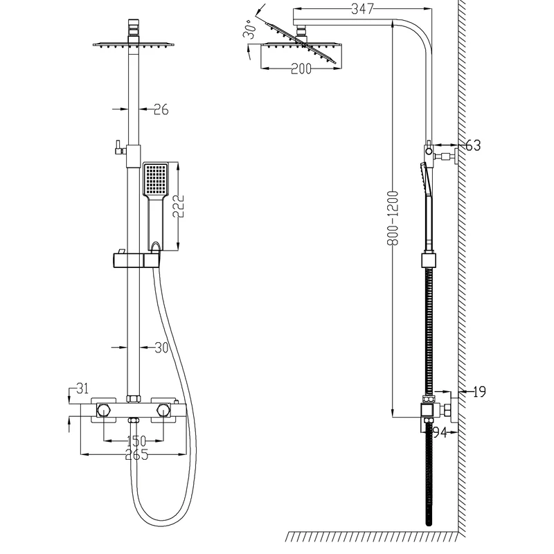 Ducha Casa Columna de Ducha termostática, Alcachofa Cuadrada, Ducha Lluvia, Barra regulable en 80-120cm, Baño y Bañera
