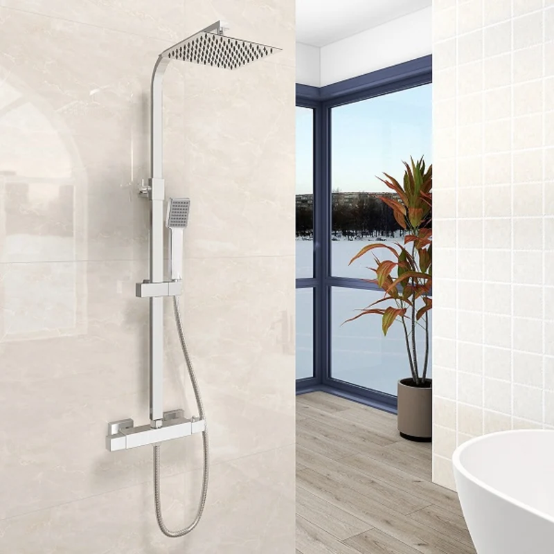 AICA Columna de Ducha Termostática, Cuadrada Plata Alcachofa de Ducha, Barra y Manguera de Acero Inoxidable, Ducha de Baño Lluvia