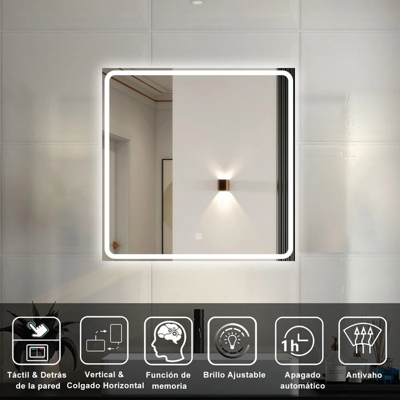 Aica LED Espejo de baño 80×80cm,Luminosidad regulable,Antivaho,Luz blanca 6000k