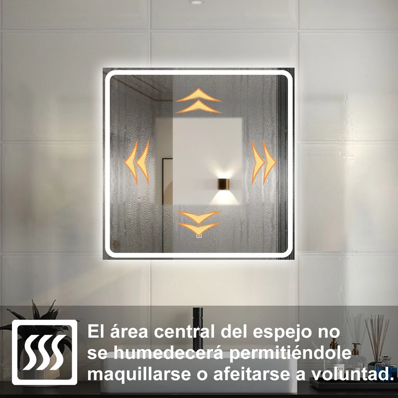Aica LED Espejo de baño 80×80cm,Luminosidad regulable,Antivaho,Luz blanca 6000k